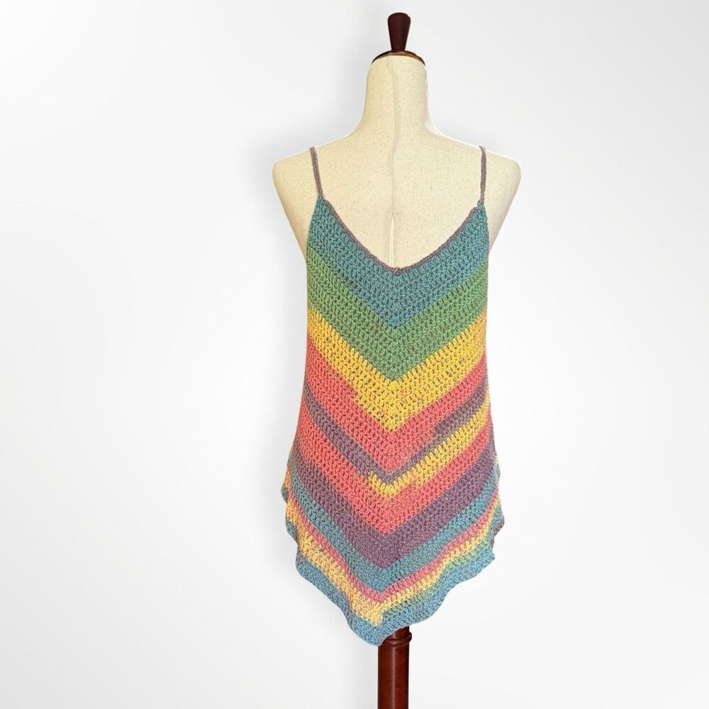 Rainbow Crochet V Striped Handmade Tank Top, M Boho Festival - Picture 3 of 7